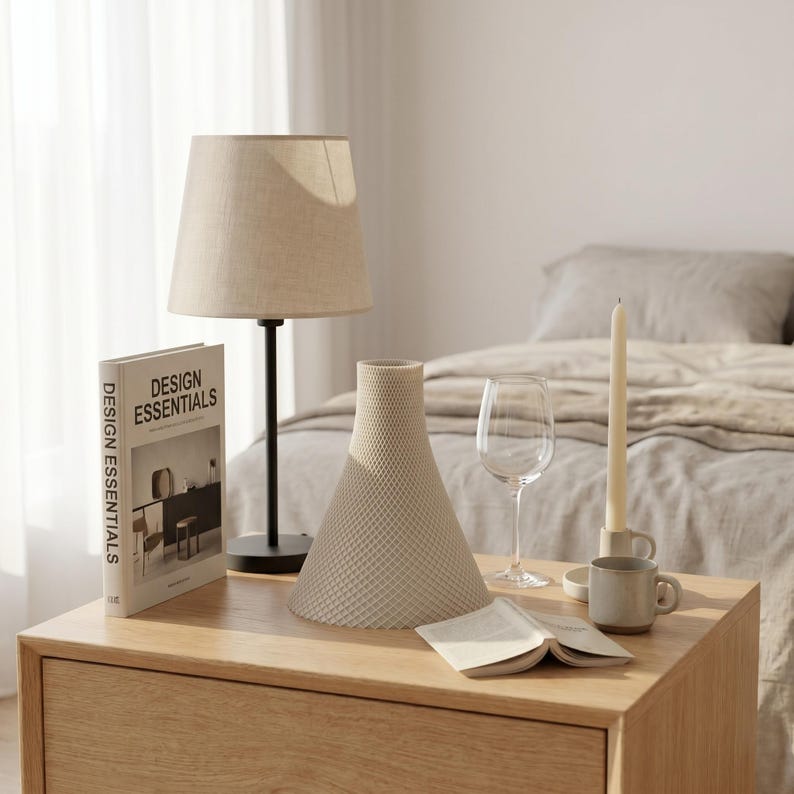 Peut inclure: Un abat-jour beige sur une base de lampe noire est pos&eacute; sur une table de chevet en bois. Un vase beige textur&eacute;, un verre &agrave; vin, une bougie, une tasse et un livre intitul&eacute; "DESIGN ESSENTIALS" sont &eacute;galement sur la table. Un lit est en arri&egrave;re-plan.