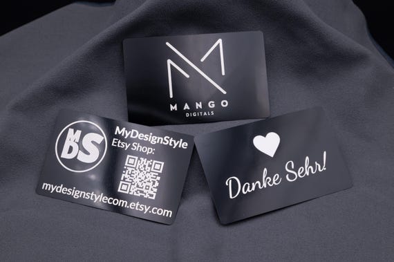 Visitenkarte Metall Aluminium Schwarz glänzend personalisiert Lasergravur mit Name Logo Grafik QR Code