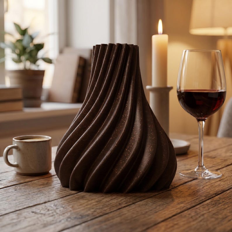 Futuristisch Futura Vase Brown im Ambiente Neon-Akzent Regal · Elegante hochform mit futuristischer linienführung, Bambu PLA Galaxy · 3D Druck handgefertigt München MyDesignStyle MDS.