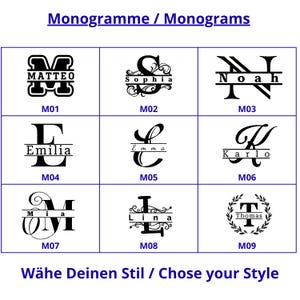 Übersicht mit neun Gravur-Designs für personalisierte Schlüsselanhänger aus veganem Kunstleder. Verschiedene Monogramm-Stile mit individuellen Schriftarten und dekorativen Elementen zeigen die Designvielfalt. Ideal, um den eigenen Stil zu wählen und einen einzigartigen, personalisierten Anhänger zu gestalten – ein modernes Accessoire und stilvolles Geschenk für jeden Anlass.