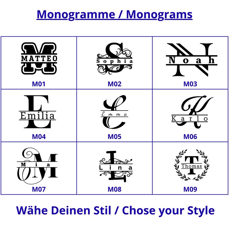 Übersicht mit neun Gravur-Designs für personalisierte Schlüsselanhänger aus veganem Kunstleder. Verschiedene Monogramm-Stile mit individuellen Schriftarten und dekorativen Elementen zeigen die Designvielfalt. Ideal, um den eigenen Stil zu wählen und einen einzigartigen, personalisierten Anhänger zu gestalten – ein modernes Accessoire und stilvolles Geschenk für jeden Anlass.