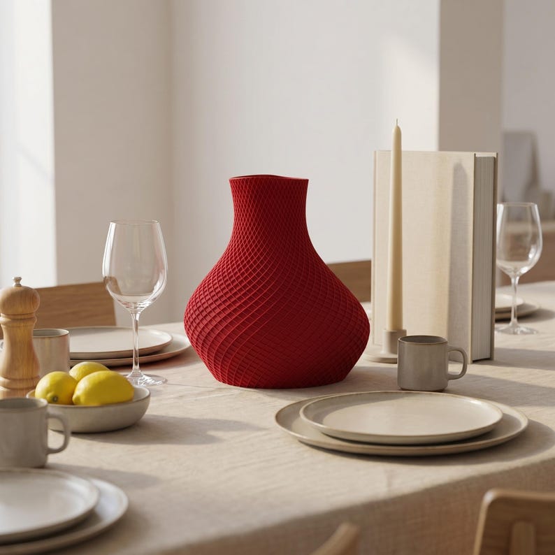 May include: A red decorative vase with a textured surface sits on a table set for a meal. The table is set with plates, glasses, and a bowl of lemons. A candle and a book are also on the table.