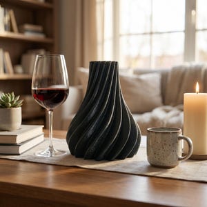 Futuristisch Futura Vase Dark Nebula im Ambiente Dunkles Bücherregal · Elegante hochform mit futuristischer linienführung, Bambu PLA Galaxy · 3D Druck handgefertigt München MyDesignStyle MDS.