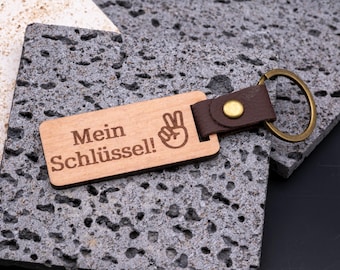Wooden and faux leather keychain with name and symbol – Personalized engraving – Gift