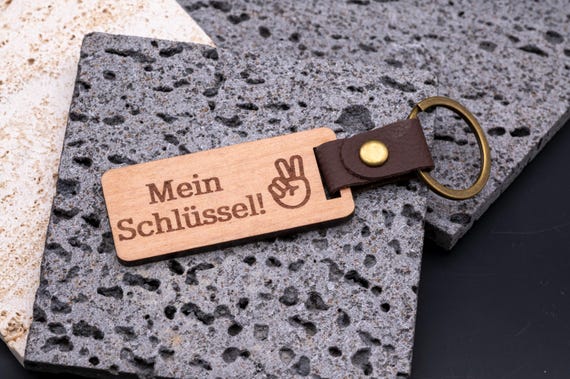 Schlüsselanhänger Holz Kunstleder mit Name und Symbol – Personalisiert Gravur – Geschenk