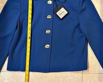 Chaqueta tipo blazer de punto azul con botones dorados de St. John, talla pequeña, nueva con etiquetas.