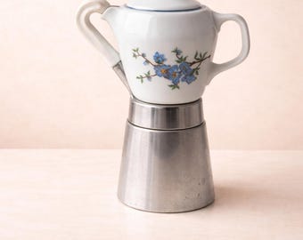 Vintage Moka-Kaffeekanne mit floralem Porzellandeckel | Einzigartige Espressokanne, Sammlerstück für die Küche