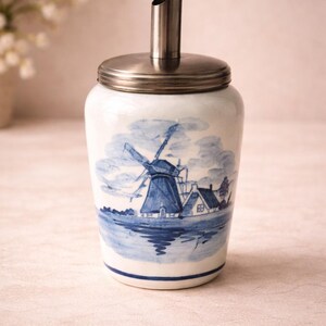Vintage Delft Blue Windmill Jar with Lid, Ceramic Tobacco Pot, Farmhouse Kitchen Decor