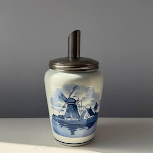 Vintage Delft Blue Windmill Jar with Lid, Ceramic Tobacco Pot, Farmhouse Kitchen Decor
