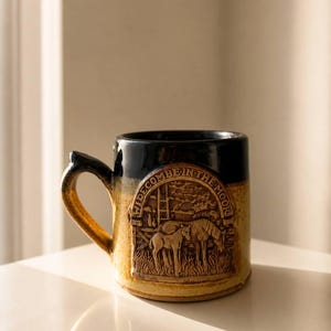 May include: A ceramic mug with a black rim and handle, transitioning to a tan body. The mug features a raised relief design with two horses and the text "Widecombe in the Moor". The mug is on a white surface.