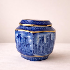 Vintage Ringtons Blue Ceramic Tea Caddy Jar – British Landmark Maling Ware Style Storage