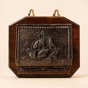 Vintage Wooden Mail Holder, Sailing Ship Design, Rustic Nautical Organizer