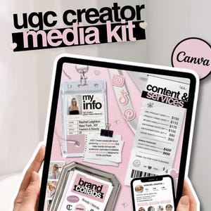 May include: A digital UGC Creator Media Kit displayed on a tablet and a smartphone. The kit includes a pink and white Canva design with the text "ugc creator media kit". The tablet shows a business card, brand collaborations, and content services.