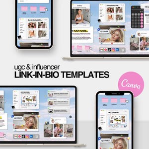 Puede incluir: Una maqueta digital que muestra una plantilla de enlace en la biografía para creadores de UGC e influencers. La imagen muestra una computadora portátil y dos teléfonos inteligentes, cada uno con una interfaz similar que presenta un portafolio, información de contacto e iconos de redes sociales. El texto "UGC & Influencer Link-in-Bio Templates" es visible.