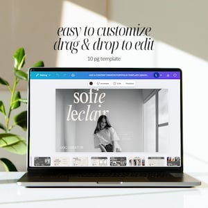 May include: A laptop displays a portfolio template with the text "easy to customize drag & drop to edit." The screen shows a black and white image of a woman with the name "sofie leclair" and the words "UGC CREATOR."