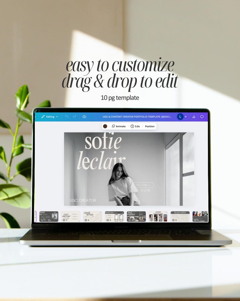 May include: A laptop displays a portfolio template with the text "easy to customize drag & drop to edit." The screen shows a black and white image of a woman with the name "sofie leclair" and the words "UGC CREATOR."