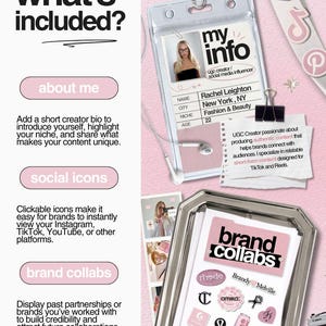 May include: A pink and white social media influencer template with the text "what's included?" and "my info." Includes a photo ID, social media icons, and brand collaboration examples. The template is designed for content creators.