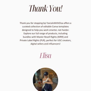 May include: A graphic with the text "Thank You!" in a stylized font. Below, text describes editable Canva templates for UGC creators and digital sellers. The image includes a photo of a person in a black cap.