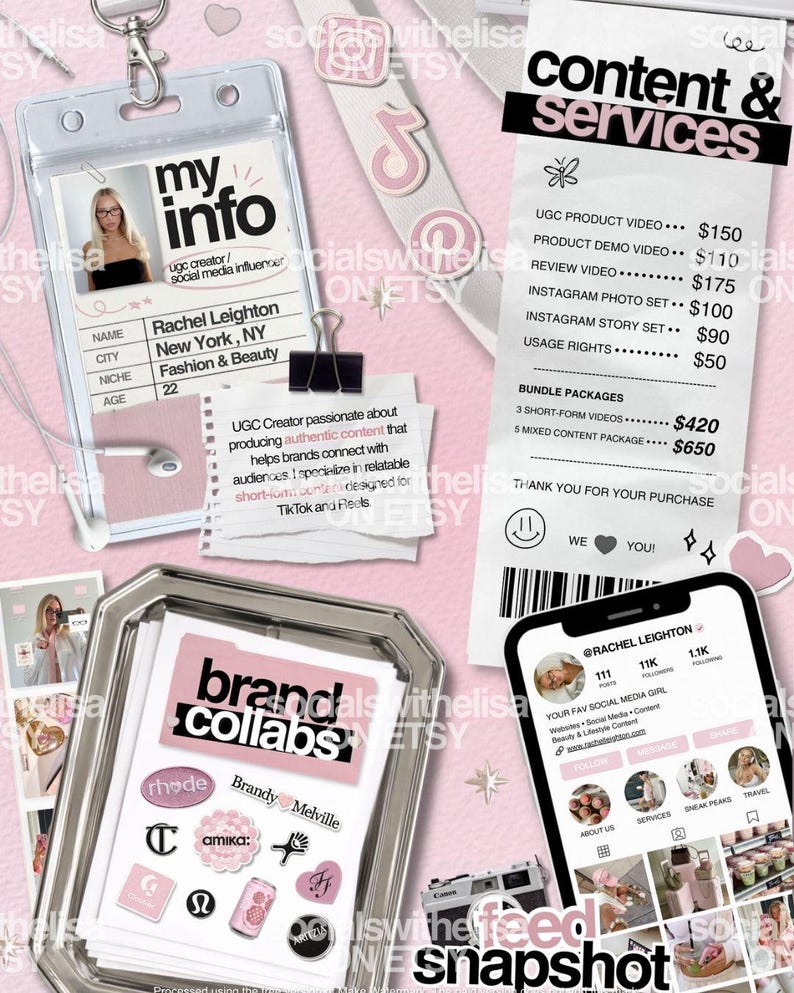 May include: A pink and white social media marketing and content creation theme. Includes a name tag, a receipt with service prices, a phone displaying a social media profile, and brand collaboration stickers.