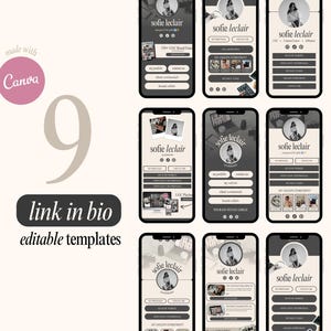 Puede incluir: Nueve maquetas de teléfonos inteligentes que muestran un diseño de perfil de redes sociales. El perfil incluye una foto de perfil, información de contacto y enlaces. El texto incluye "sofie leclair", "link in bio" y "editable templates". El diseño es en tonos grises y beige.