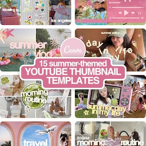 Può includere: Una raccolta di 15 modelli di miniature YouTube a tema estivo con varie immagini lifestyle, tra cui scene di viaggio, routine mattutine e attività di vacanza, con testo sovrapposto come pack with me, summer wrapped e summer day in my life.