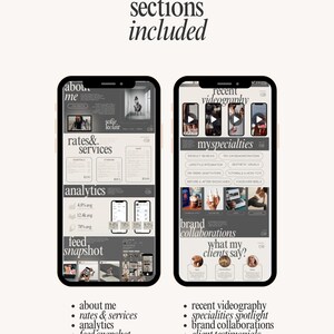 May include: Two smartphones displaying website content, with the text "sections included" at the top. The left phone shows "about me," "rates & services," "analytics," and "feed snapshot." The right phone displays "recent videography," "specialties spotlight," and "brand collaborations."