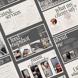 May include: A collection of digital marketing materials, including website mockups, pricing guides, and client testimonials. The design features a neutral color palette with a modern, minimalist aesthetic. Text includes "rates & services" and "brand collaborations."