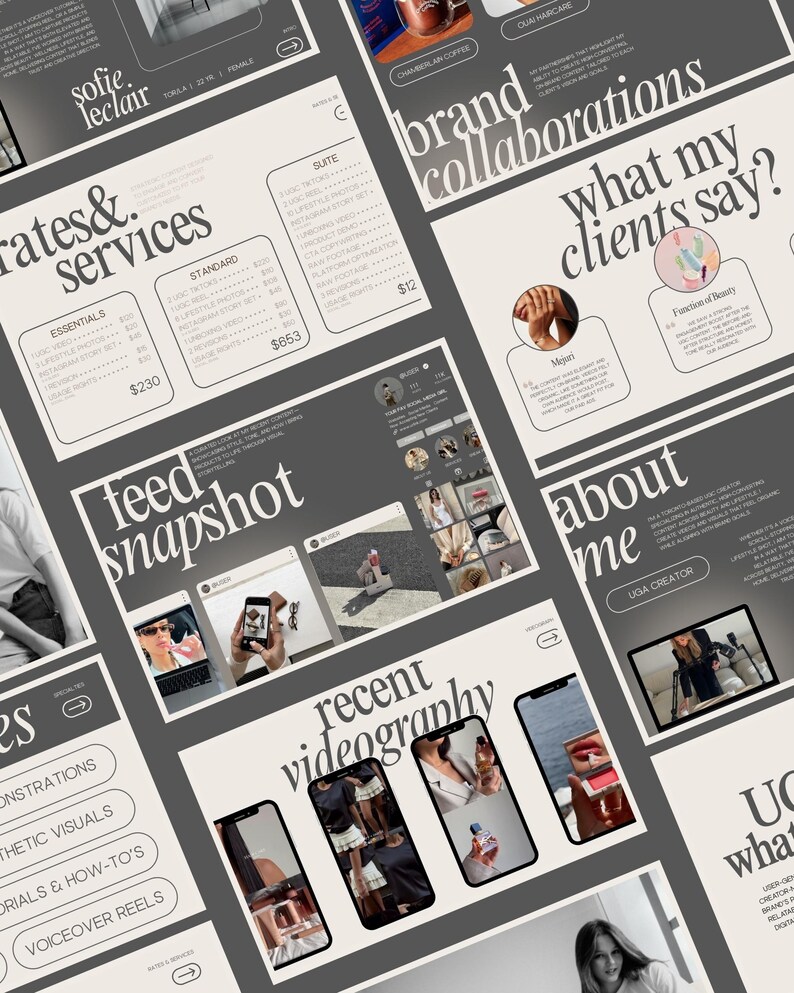 May include: A collection of digital marketing materials, including website mockups, pricing guides, and client testimonials. The design features a neutral color palette with a modern, minimalist aesthetic. Text includes "rates & services" and "brand collaborations."