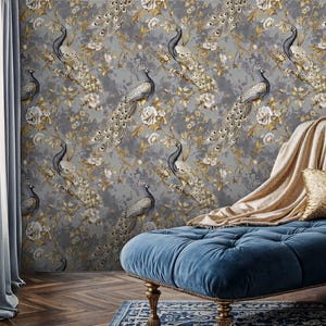 Gold Chinoiserie Pfau Tapetenwandbild, Luxus Chinoiserie Wandbild, Vintage Floral Peel and Stick Tapetenwandbild, Chinesische Tapete