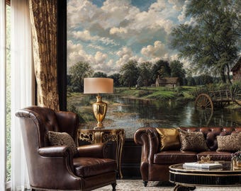 Vintage Coastal Landscape Peel and Stick Wallpaper Mural: Farmhouse Floral Trees Toile