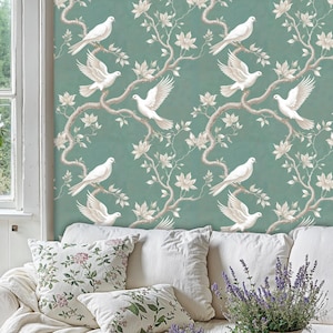 Sage Green Chinoiserie Peel and Stick Wallpaper Mural, White Dove Floral Chinoiserie Wallpaper, Soft Green Botanical Bird Wallpaper Mural
