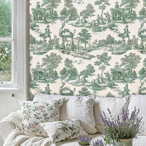 Green French Toile Wallpaper: Vintage Woodland Peel and Stick Mural