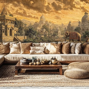 Vintage Indian Landscape Peel and Stick Wallpaper Mural, Rajasthani Early Morning Indian Wallpaper, Mughal Indian Elephant Wall Mural