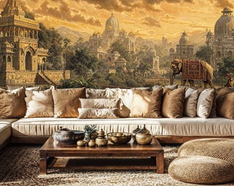 Vintage Indian Elephant Landscape Mural - Peel and Stick Wallpaper