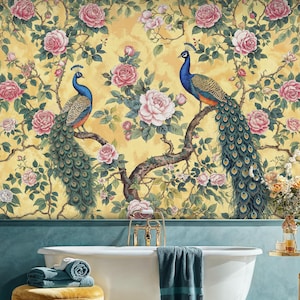 Gelber Pfau Chinoiserie Peel and Stick-Tapete, Kirschblüten-Tapete, Vintage botanische Blumentapete, Chinoiserie-Wandbild