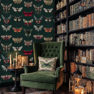 Vintage Butterfly Wallpaper Mural: Dark Green Botanical Peel and Stick