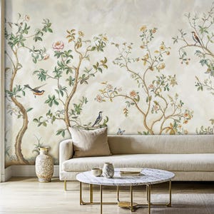 Vintage Chinoiserie Peel and Stick Wallpaper Mural, Cherry Blossom Chinoiserie Wallpaper, Asian Chinoiserie Floral Wallpaper with Birds