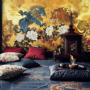 Gold Chinese Lion and Dragon Wallpaper Mural, Luxury Floral Chinoiserie Peel and Stick Wallpaper Mural, Traditional Asian Animal Wallpaper