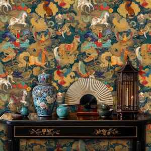 Carta da parati tradizionale cinese di lusso, carta da parati vintage Chinoiserie Peel and Stick, elegante carta da parati murale Chinoiserie dorata con cavalli