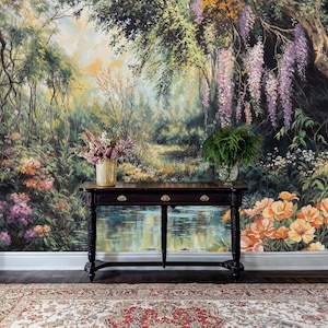 Tropical Forest Landscape Peel and Stick Wallpaper, Floral Jungle Nature Wall Mural, Watercolor Flowers Botanical Wallpaper Mural with Trees