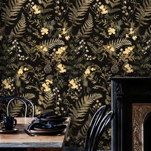 Dark Fern Botanical Peel and Stick Wallpaper, Vintage Gold Floral Wallpaper Mural, Tropical Green Leaves and Flower Wallpaper, Self Adhesive
