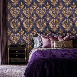 Purple and Gold Damask Peel and Stick Wallpaper: Luxury Victorian Mural
