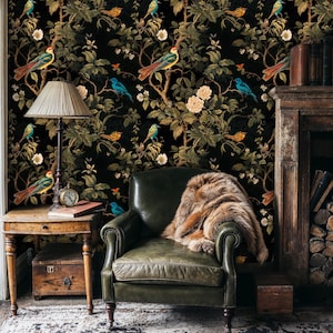 Dark Vintage Floral Peel and Stick Wallpaper, Dark Botanical Victorian Wall Mural, Elegant Birds and Flowers Wallpaper Mural, Self Adhesive