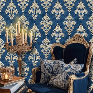 Carta da parati floreale damascata blu, carta da parati damascata vittoriana vintage, carta da parati con motivo damascato dorato, carta da parati elegante e di lusso
