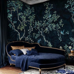 Navy Blue Chinoiserie Peel and Stick Wallpaper, Cherry Blossom Chinoiserie Murals, Vintage Chinoiserie Floral Bird Wallpaper Mural