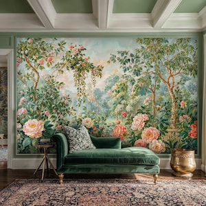 Botanical Forest Peel and Stick Wallpaper Mural, Tropical Garden Wall Mural, Peonie Vintage Wallpaper Mural, Colorful Floral Wallpaper Mural