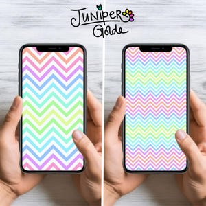 Puede incluir: Dos smartphones que muestran un patrón de chevron colorido en tonos pastel de rosa, naranja, amarillo, verde, azul y morado. Los teléfonos se sostienen en las manos sobre un fondo de vetas de madera blanca. El texto "Juniper Golde" está en la parte superior.