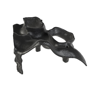 May include: A black, sculptural object with an organic, flowing form featuring multiple hollow, crater-like openings and a textured, rippled surface. The structure is supported by several irregular, downward-extending legs.