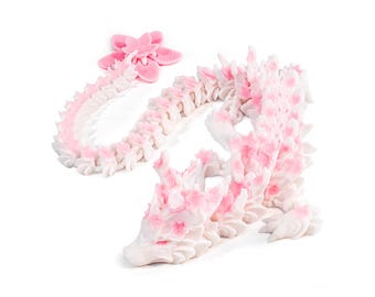 3D Printed Cherry Blossom Dragon: Articulated Fidget Desk Decor, Pastel Sakura Flexi Toy