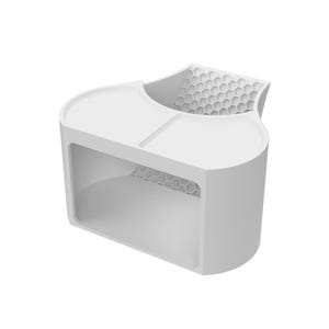 May include: A white plastic storage organizer featuring a rectangular open front compartment and a top surface divided into two sections. The back panel of the unit displays a textured hexagonal honeycomb pattern throughout its structure.